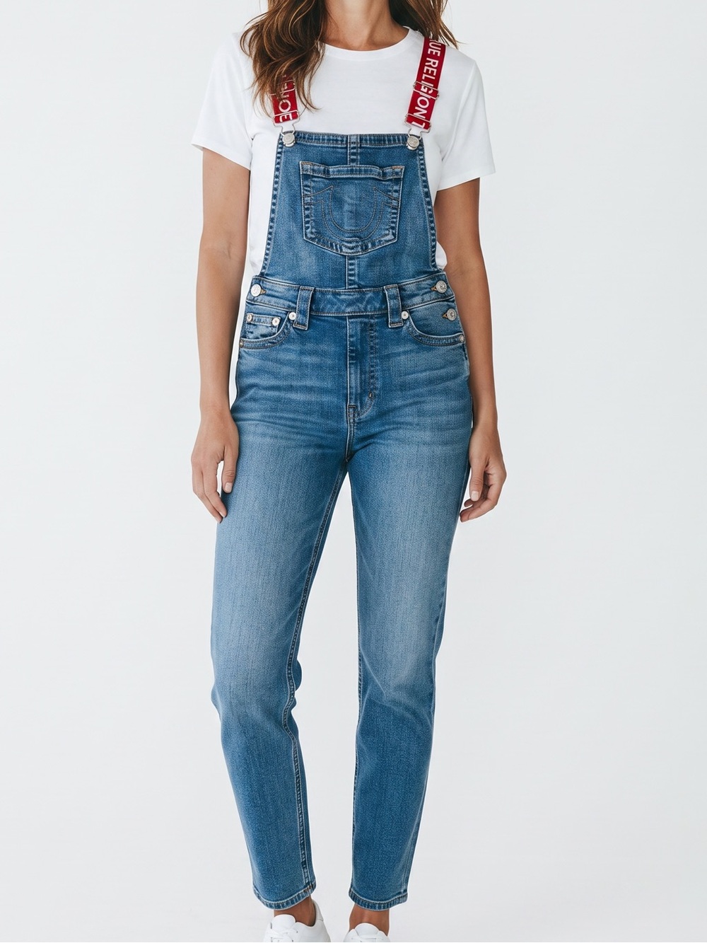 True Religion Denim Skinny Overalls S/P Red Logo Suspenders Y2K